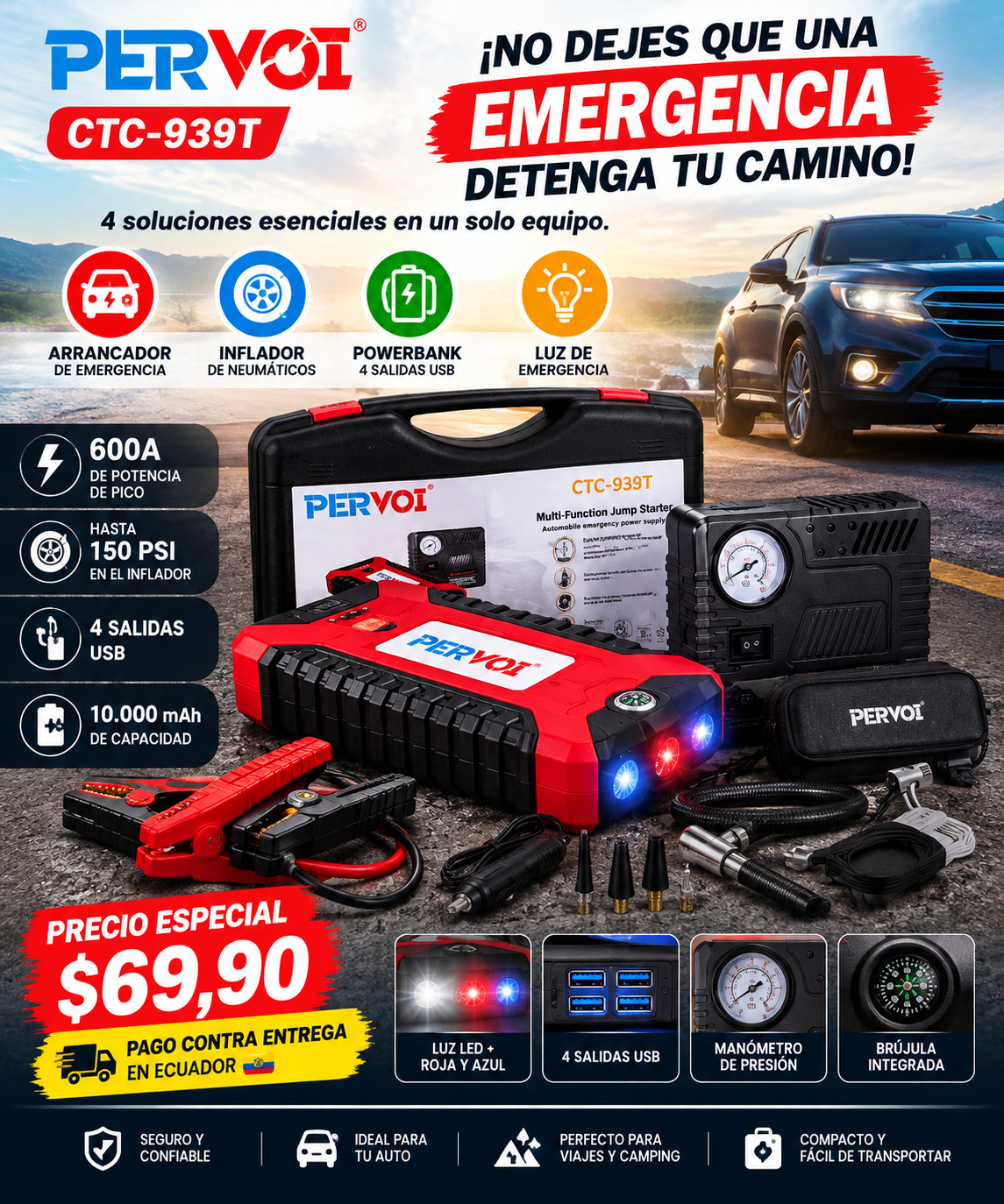 🚗 ⚡ PERVoi CTC-939T — Arrancador de Emergencia + Inflador 4 en 1 🔋